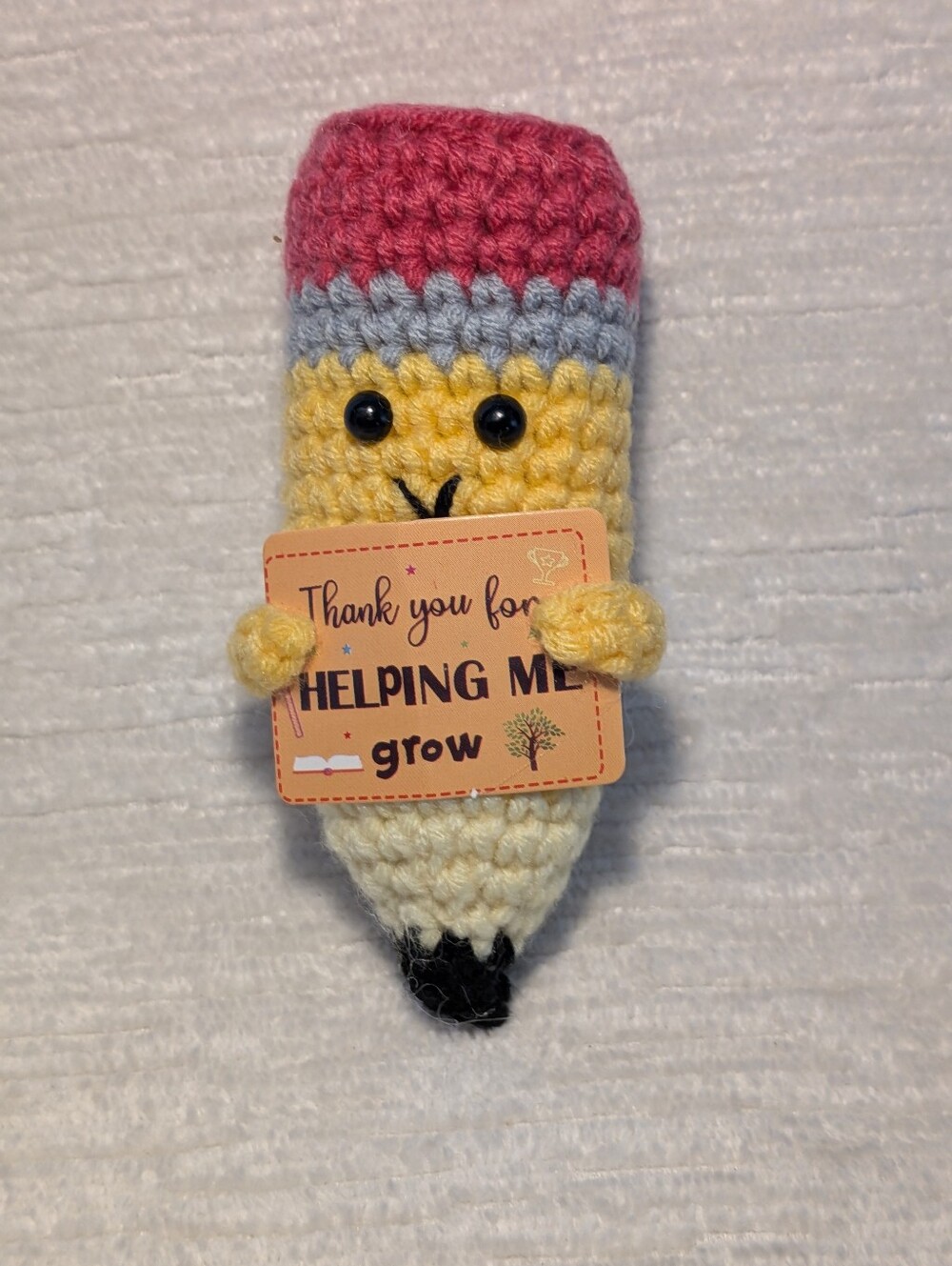 Crochet Pencil Plush Holding Card Reading Thank You For Helping Me Grow 4"
